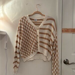 Beige and White Checkered Cardigan